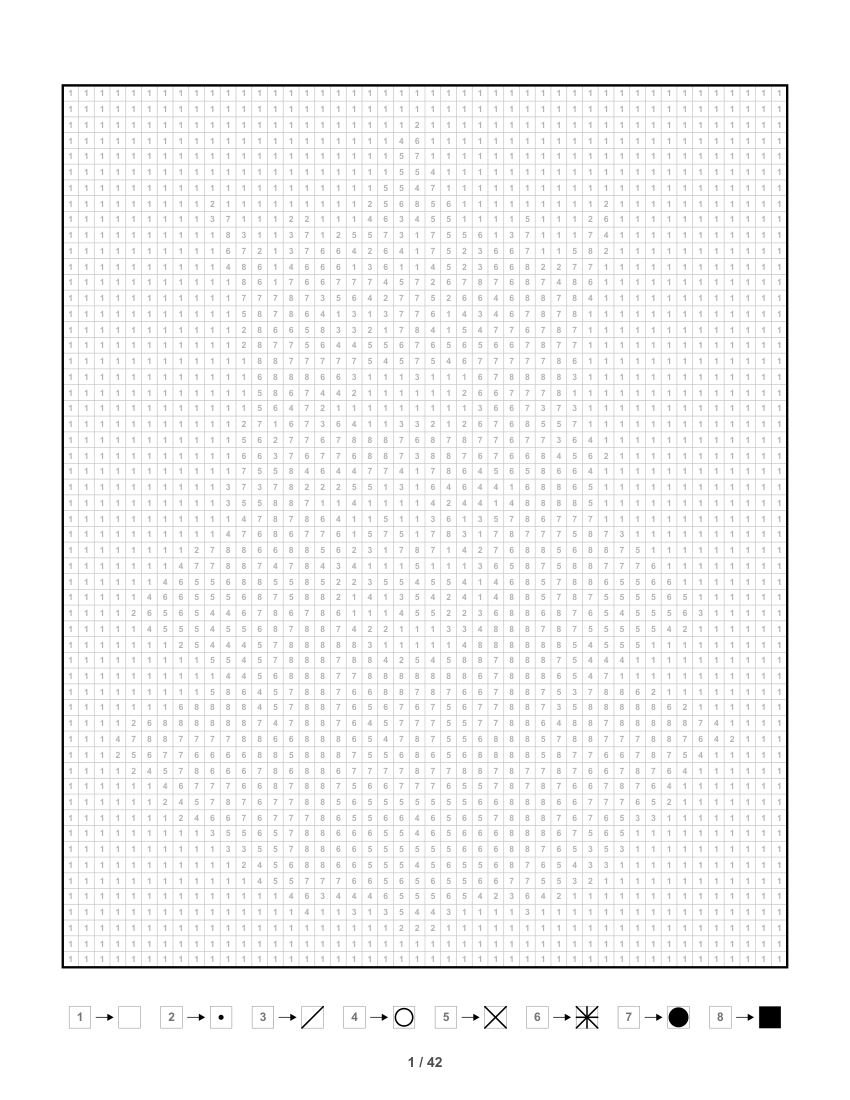 A sample page: a grid of numbers with the key of symbols underneath